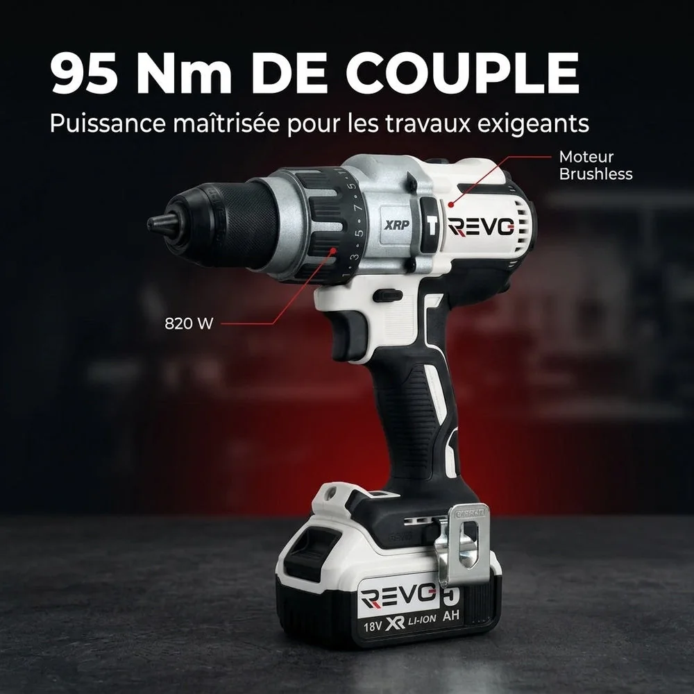 Perceuse-Visseuse à Percussion Sans Fil REVO Raptor 95 – 18 V – 95 Nm – 2 Batteries 5 Ah – Brushless – 3 Vitesses – Mandrin 13 mm – Coffret Inclus - 3