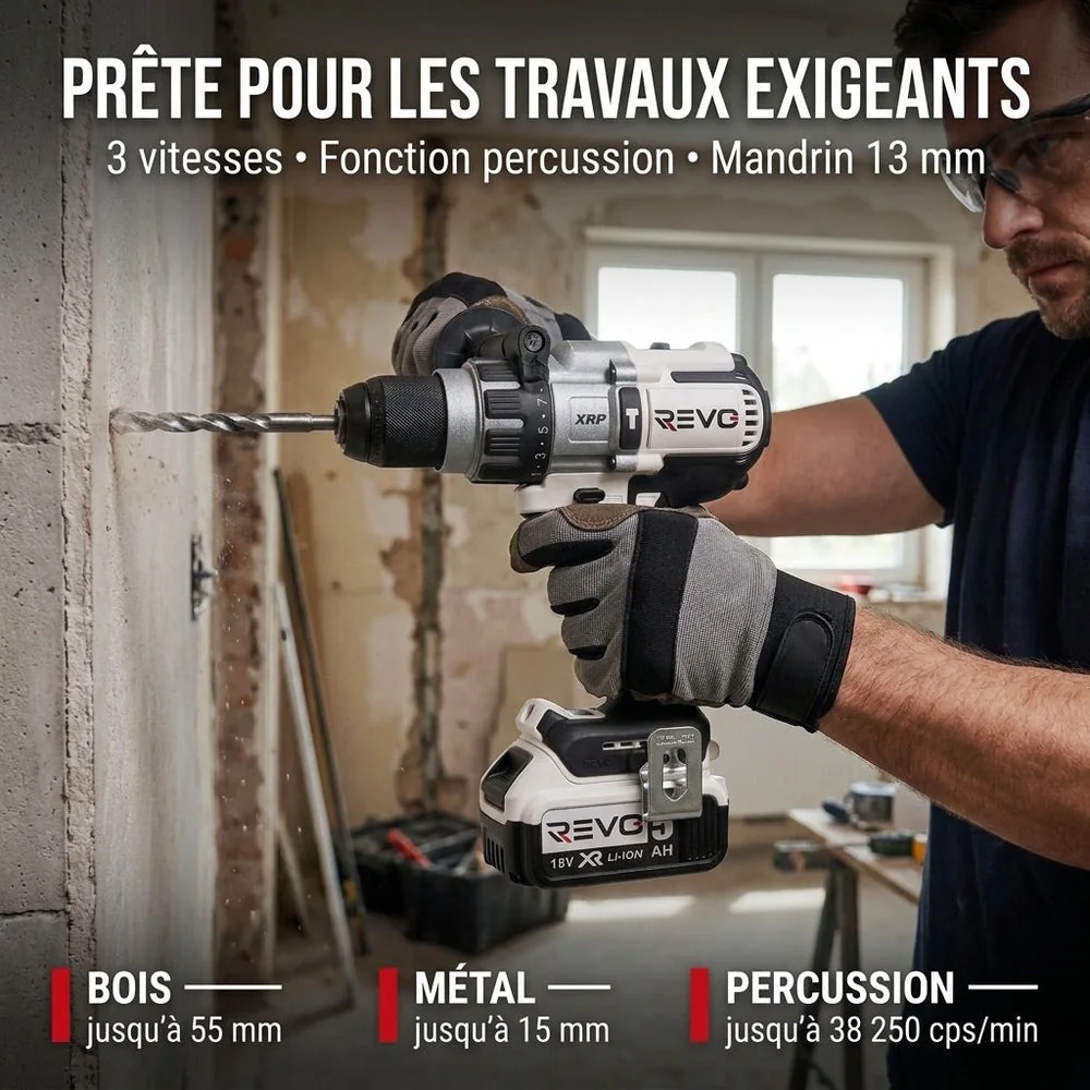 Perceuse-Visseuse à Percussion Sans Fil REVO Raptor 95 – 18 V – 95 Nm – 2 Batteries 5 Ah – Brushless – 3 Vitesses – Mandrin 13 mm – Coffret Inclus - 4