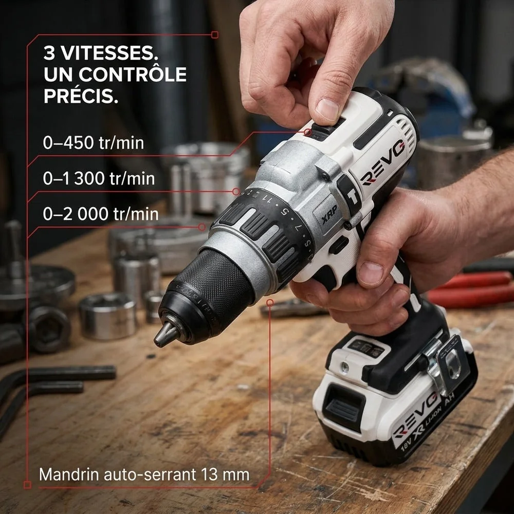 Perceuse-Visseuse à Percussion Sans Fil REVO Raptor 95 – 18 V – 95 Nm – 2 Batteries 5 Ah – Brushless – 3 Vitesses – Mandrin 13 mm – Coffret Inclus - 5