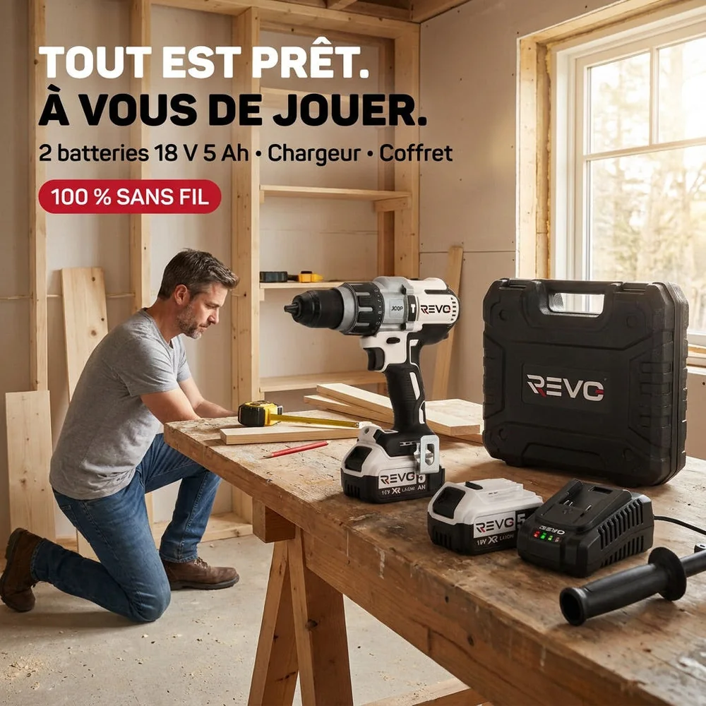 Perceuse-Visseuse à Percussion Sans Fil REVO Raptor 95 – 18 V – 95 Nm – 2 Batteries 5 Ah – Brushless – 3 Vitesses – Mandrin 13 mm – Coffret Inclus - 6