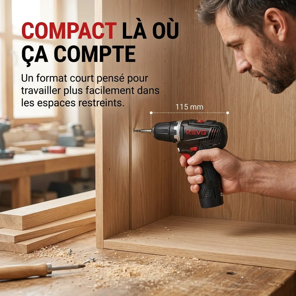 Perceuse-Visseuse Sans Fil REVO Pivot 35 – 12 V – 35 Nm – Brushless – 4 Accessoires Interchangeables – Mandrin 10 mm – Coffret Inclus - 3
