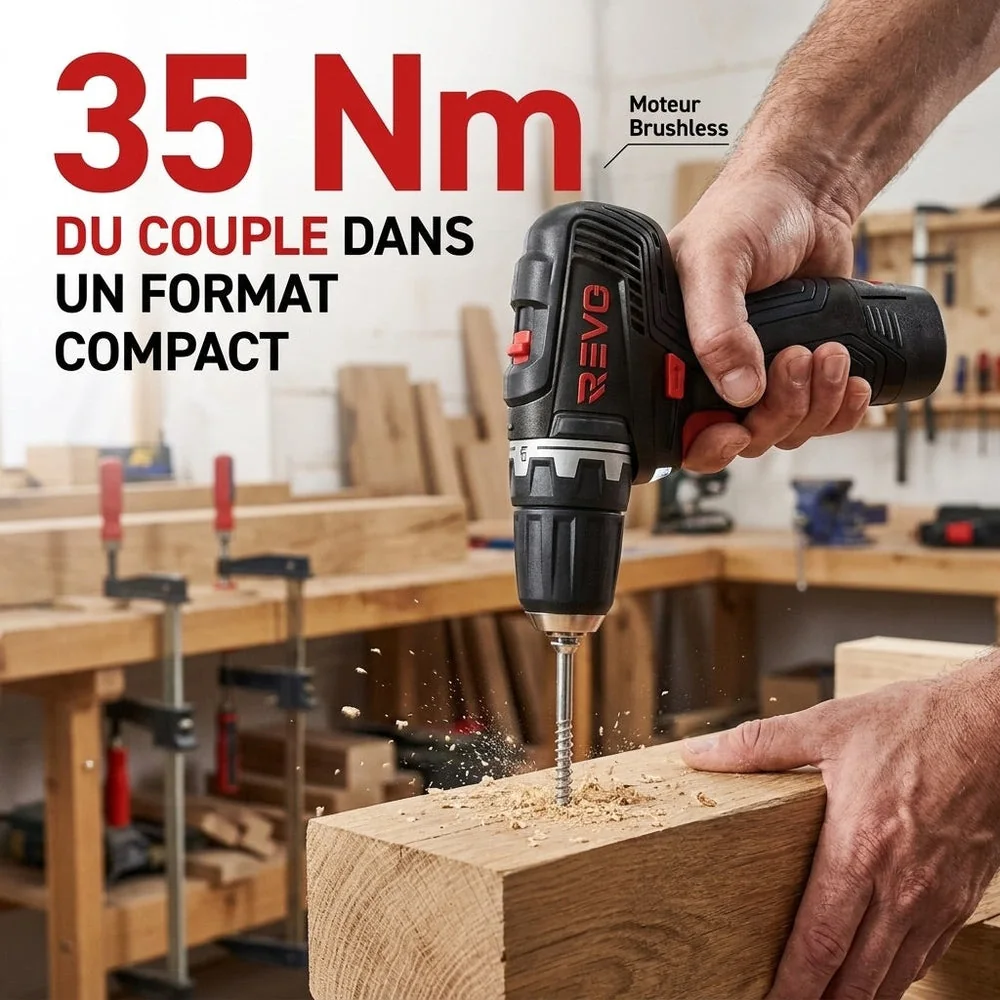 Perceuse-Visseuse Sans Fil REVO Pivot 35 – 12 V – 35 Nm – Brushless – 4 Accessoires Interchangeables – Mandrin 10 mm – Coffret Inclus - 4