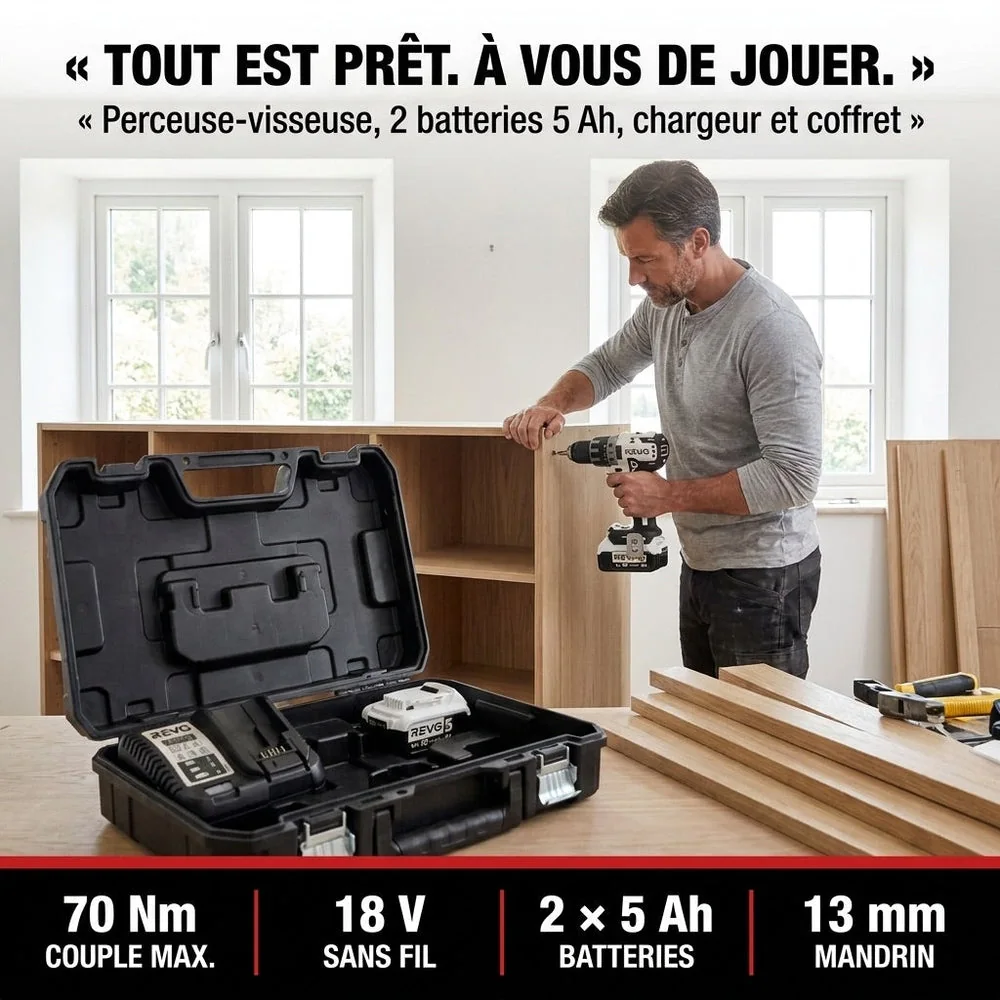 Perceuse-Visseuse Sans Fil REVO Striker 70 – 18 V – 70 Nm – 2 Batteries 5 Ah – Brushless – Mandrin 13 mm – Coffret Inclus - 6
