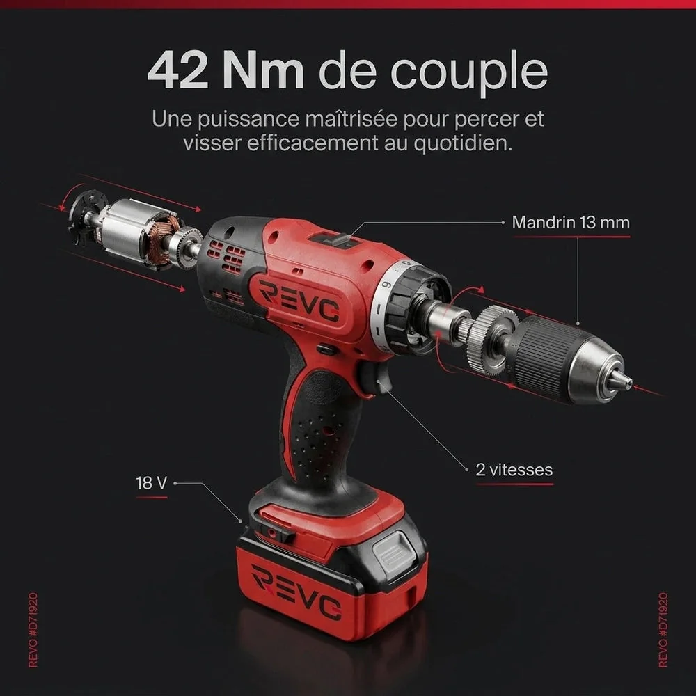 Perceuse-Visseuse Sans Fil REVO Voltis 42 – 18 V – 42 Nm – 2 Batteries 3 Ah – 2 Vitesses – Mandrin 13 mm – Coffret Inclus - 3