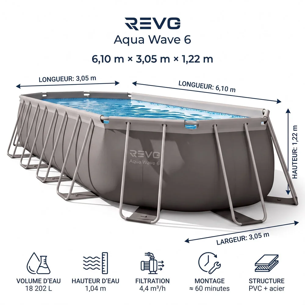 Piscine Hors-Sol Ovale REVO Aqua Wave 6 – 610 × 305 × 122 cm – 18 202 L – Filtration 4 400 L/h – Échelle & Bâche Incluses - 4