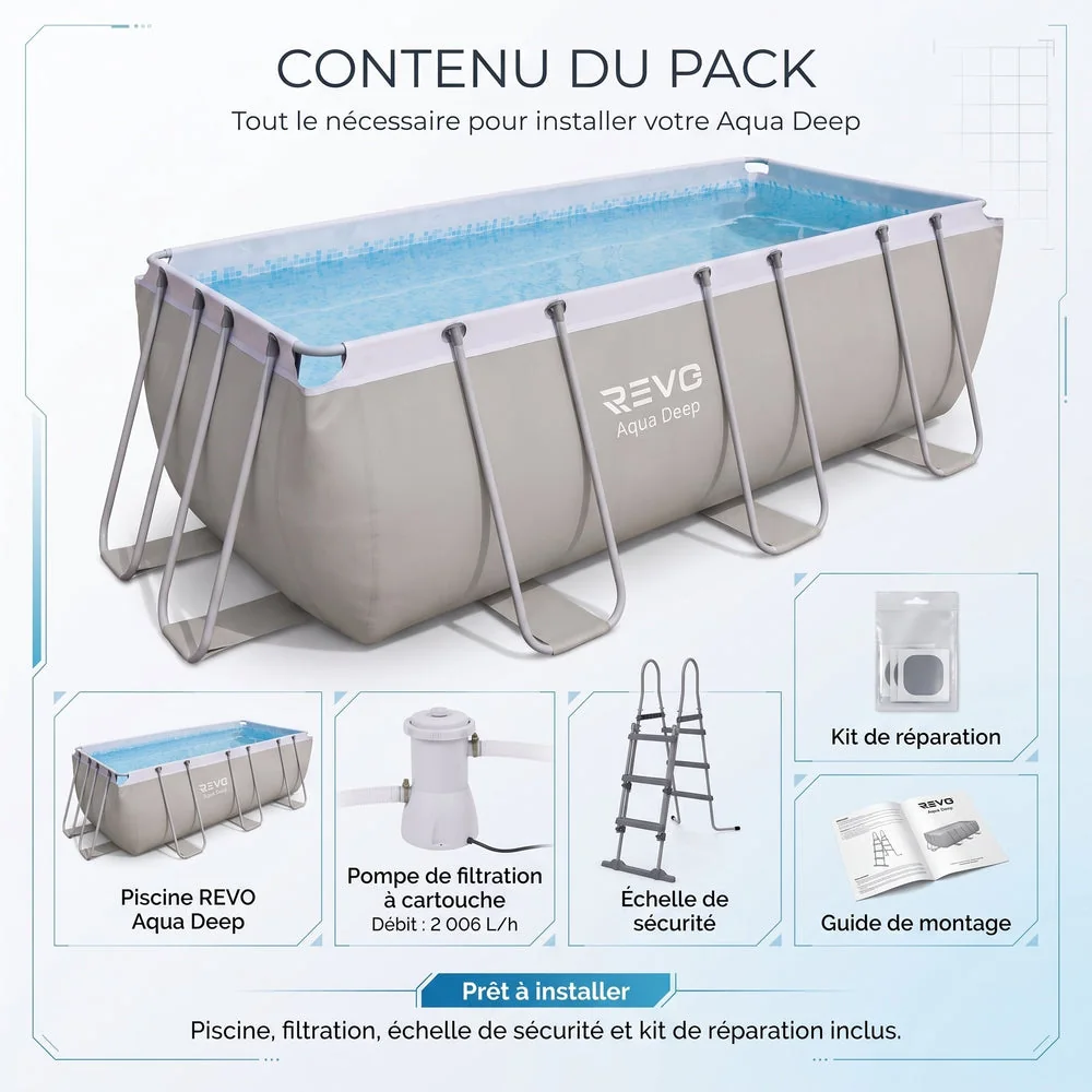 Piscine Hors-Sol Rectangulaire REVO Aqua Deep – 400 × 207 × 122 cm – 8 870 L – Filtration 2 006 L/h - 3