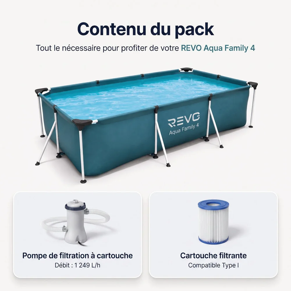 Piscine Hors-Sol Rectangulaire REVO Aqua Family 4 – 400 × 211 × 81 cm – 5 700 L – Filtration à Cartouche - 5