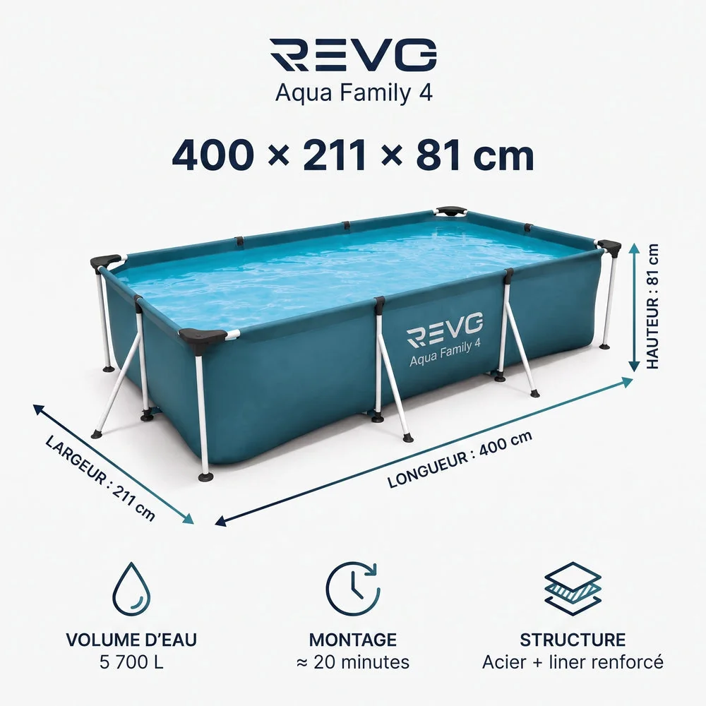 Piscine Hors-Sol Rectangulaire REVO Aqua Family 4 – 400 × 211 × 81 cm – 5 700 L – Filtration à Cartouche - 6