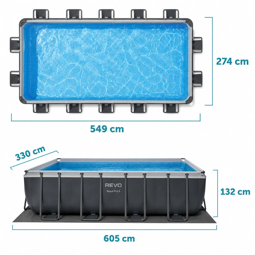 Piscine Hors-Sol Rectangulaire REVO Aqua Pro 5 – 549 × 274 × 132 cm – 17 203 L – Filtre à Sable – Échelle & Bâche Incluses - 4