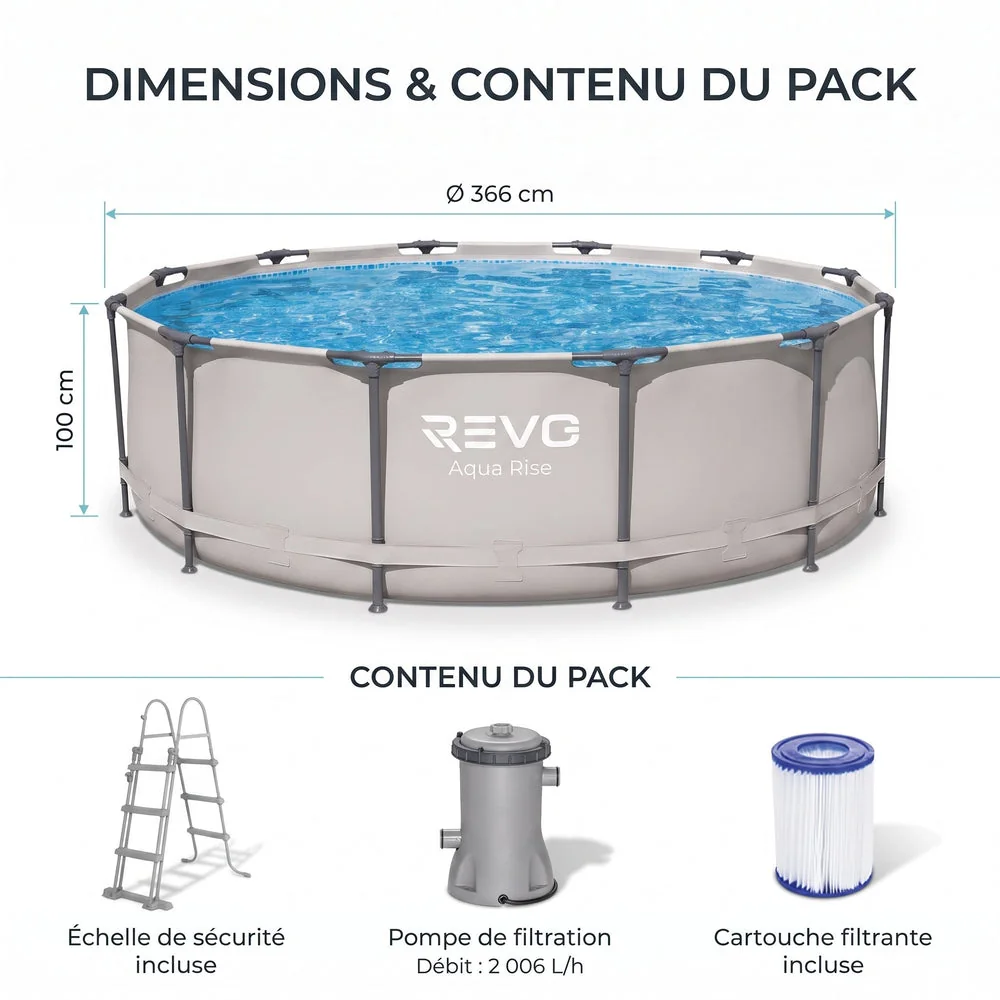 Piscine Hors-Sol Ronde REVO Aqua Rise – Ø366 × 100 cm – 9 150 L – Filtration & Échelle Incluses - 3