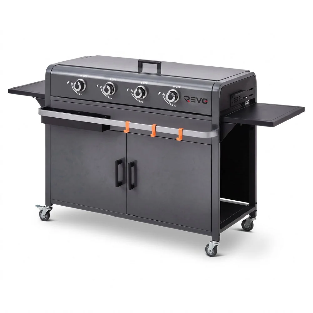 Plancha Gaz REVO Cordoba XL – Plaque Inox – 4 Brûleurs – Chariot Inclus – 9,6 kW
