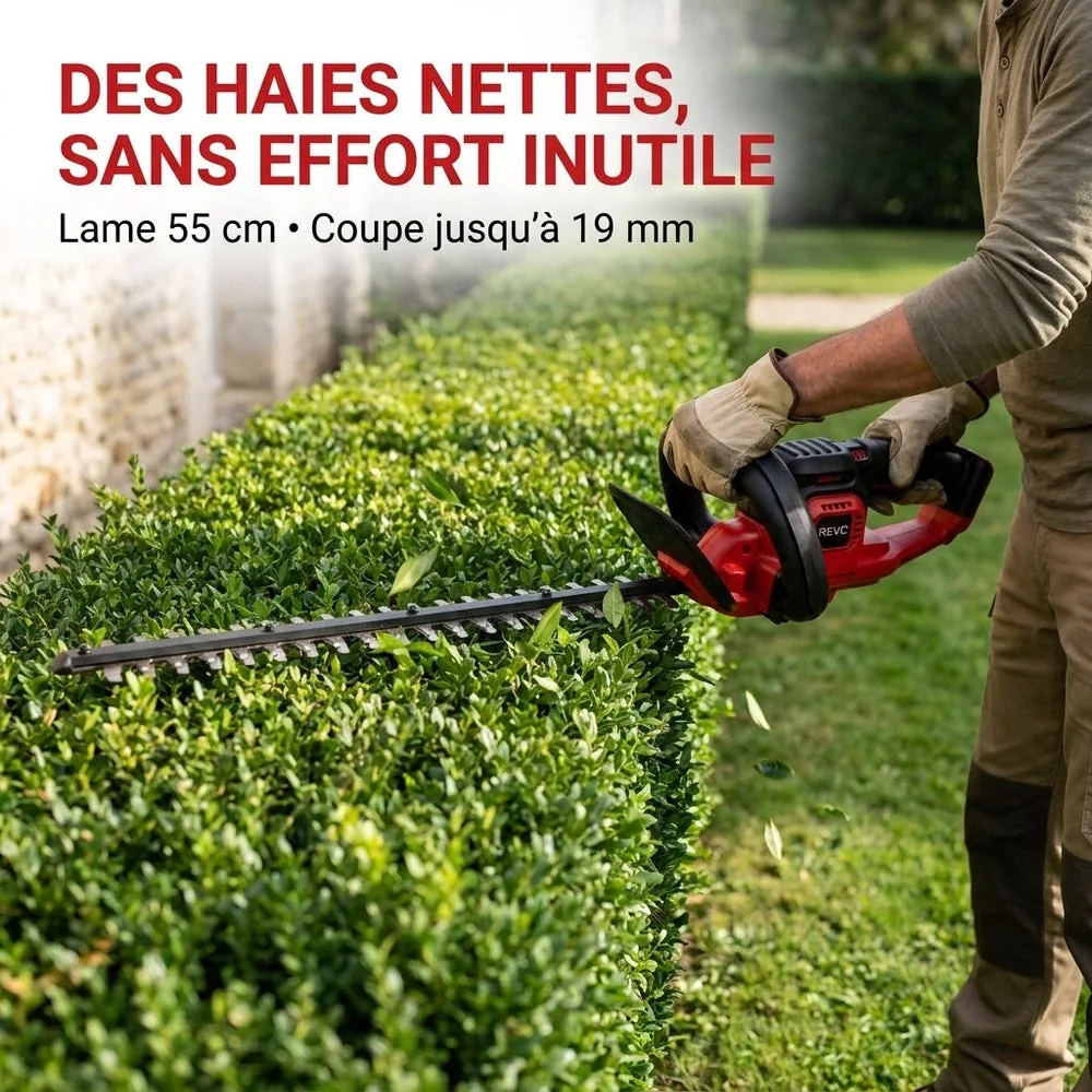 Taille-Haie Sans Fil REVO Silex 55 – 18 V – Lame 55 cm – Coupe jusqu’à 19 mm – Autonomie jusqu’à 75 min - 6