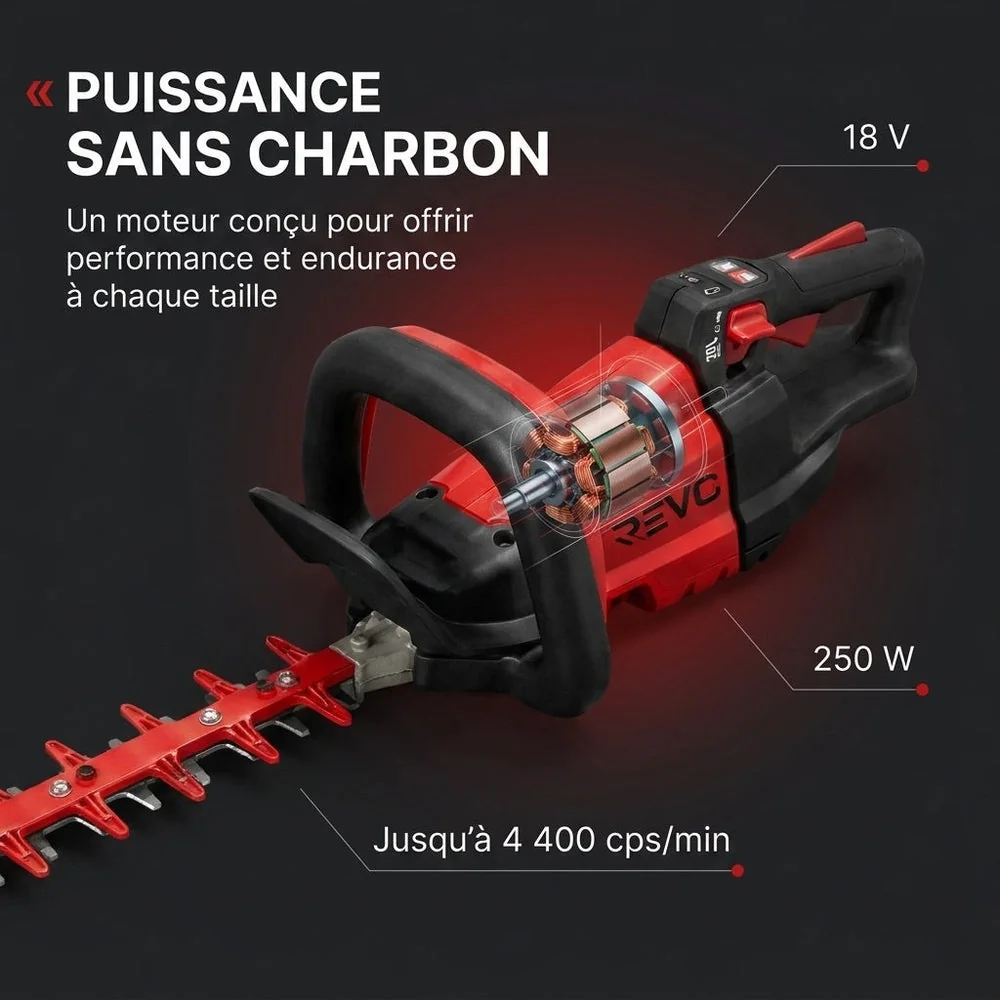 Taille-Haie Sans Fil REVO Stratos 60 – 18 V – Lame 60 cm – Moteur Sans Charbon – 4 400 cps/min – Espacement 35 mm - 6