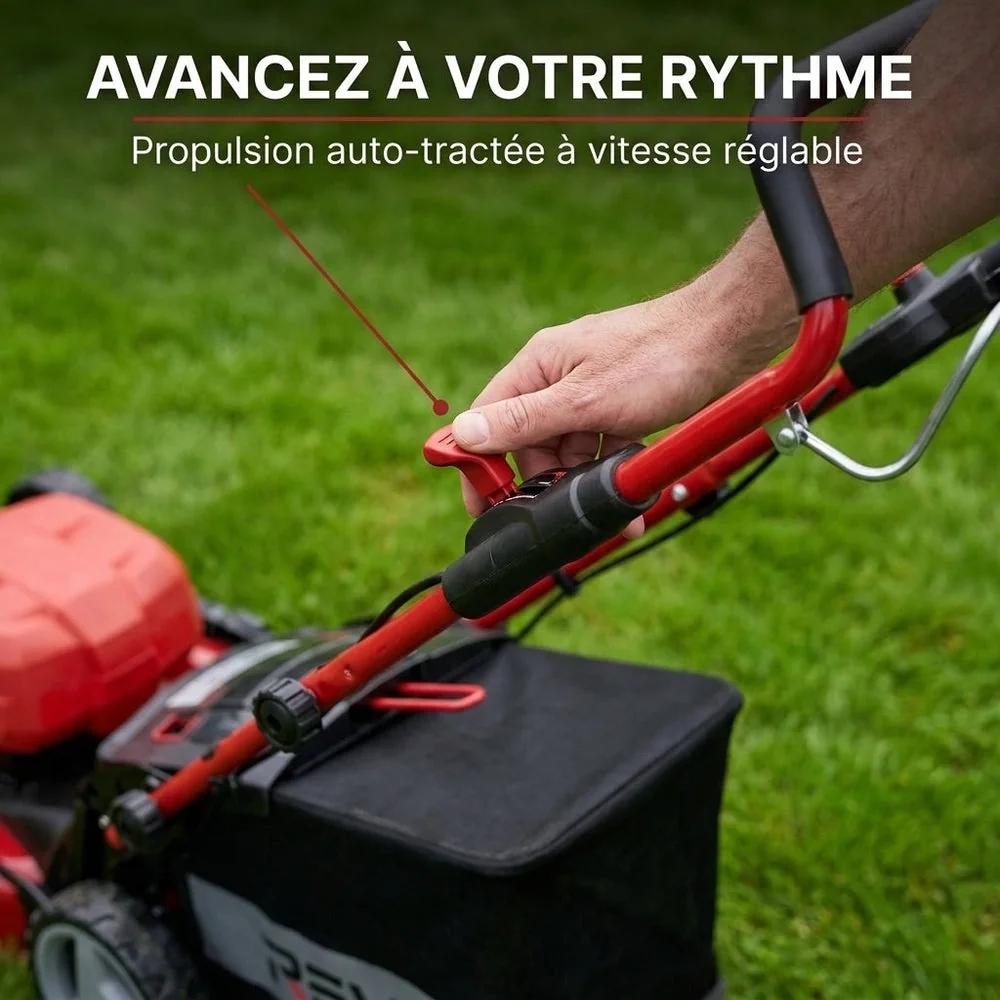 Tondeuse à Gazon sans Fil Auto-tractée REVO Force 700 – 36 V – Coupe 47 cm – 4 Batteries 4,0 Ah – Bac 75 L – Jusqu’à 700 m² - 4