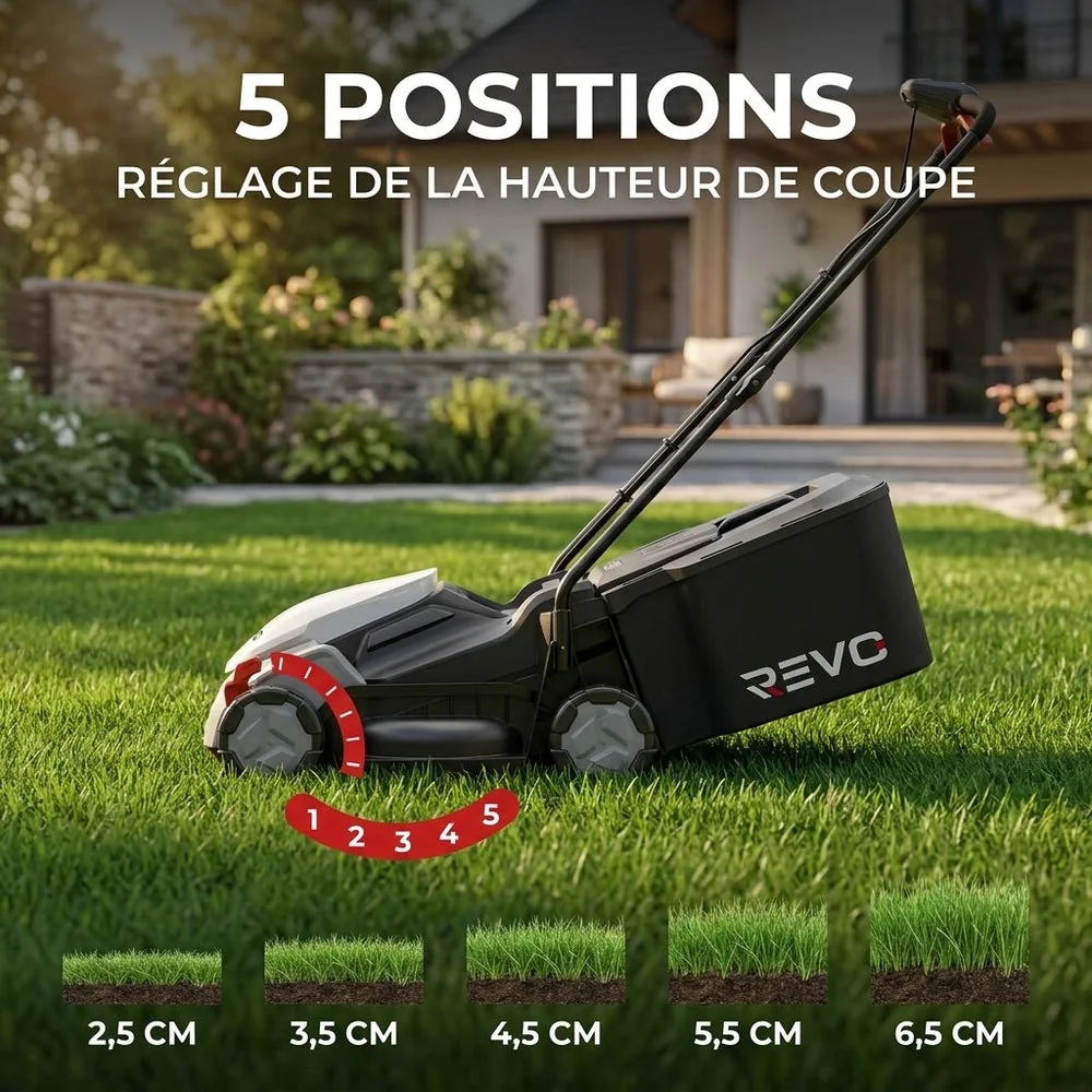 Tondeuse à Gazon sans Fil REVO Garden 300 – 20 V – 33 cm – Batterie 5,0 Ah – 5 Hauteurs de Coupe – Bac 35 L – Jusqu’à 300 m² - 3