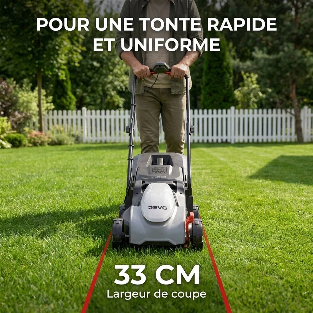 Tondeuse à Gazon sans Fil REVO Garden 300 – 20 V – 33 cm – Batterie 5,0 Ah – 5 Hauteurs de Coupe – Bac 35 L – Jusqu’à 300 m² - 4