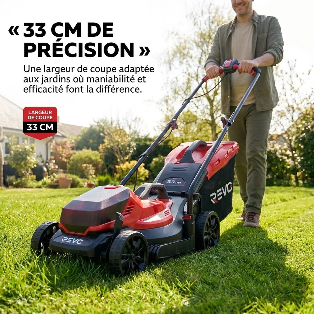 Tondeuse à Gazon sans Fil REVO Verde 33 – 18 V – Coupe 33 cm – 5 Hauteurs 25–65 mm – Bac 35 L – Jusqu’à 300 m² - 4