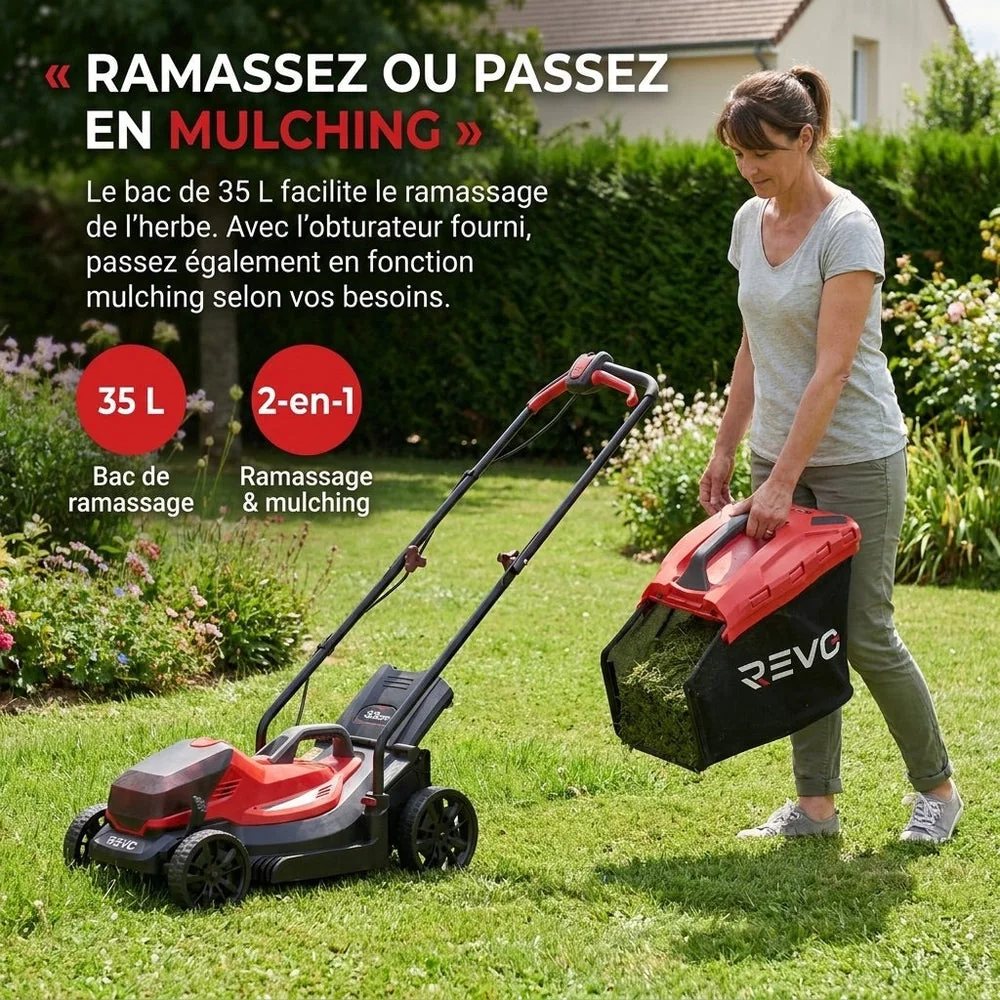 Tondeuse à Gazon sans Fil REVO Verde 33 – 18 V – Coupe 33 cm – 5 Hauteurs 25–65 mm – Bac 35 L – Jusqu’à 300 m² - 5