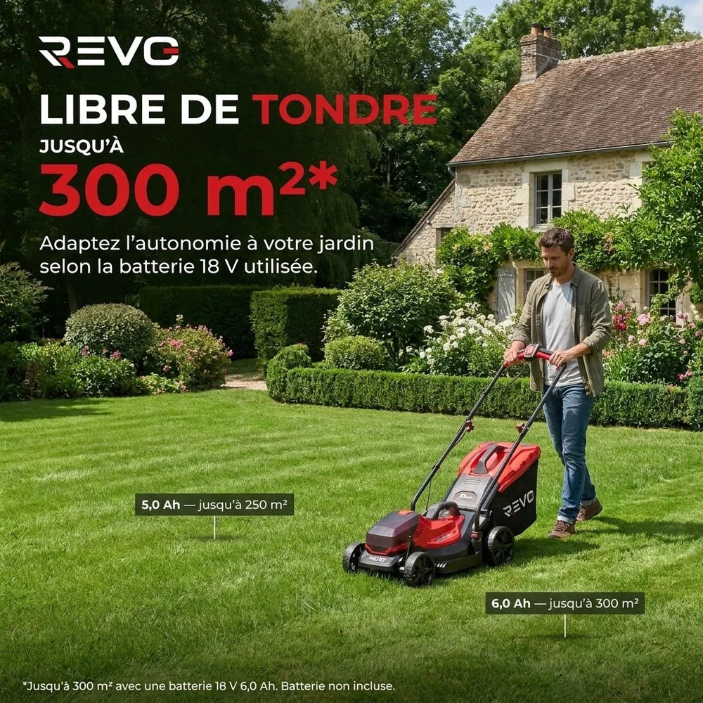 Tondeuse à Gazon sans Fil REVO Verde 33 – 18 V – Coupe 33 cm – 5 Hauteurs 25–65 mm – Bac 35 L – Jusqu’à 300 m² - 6