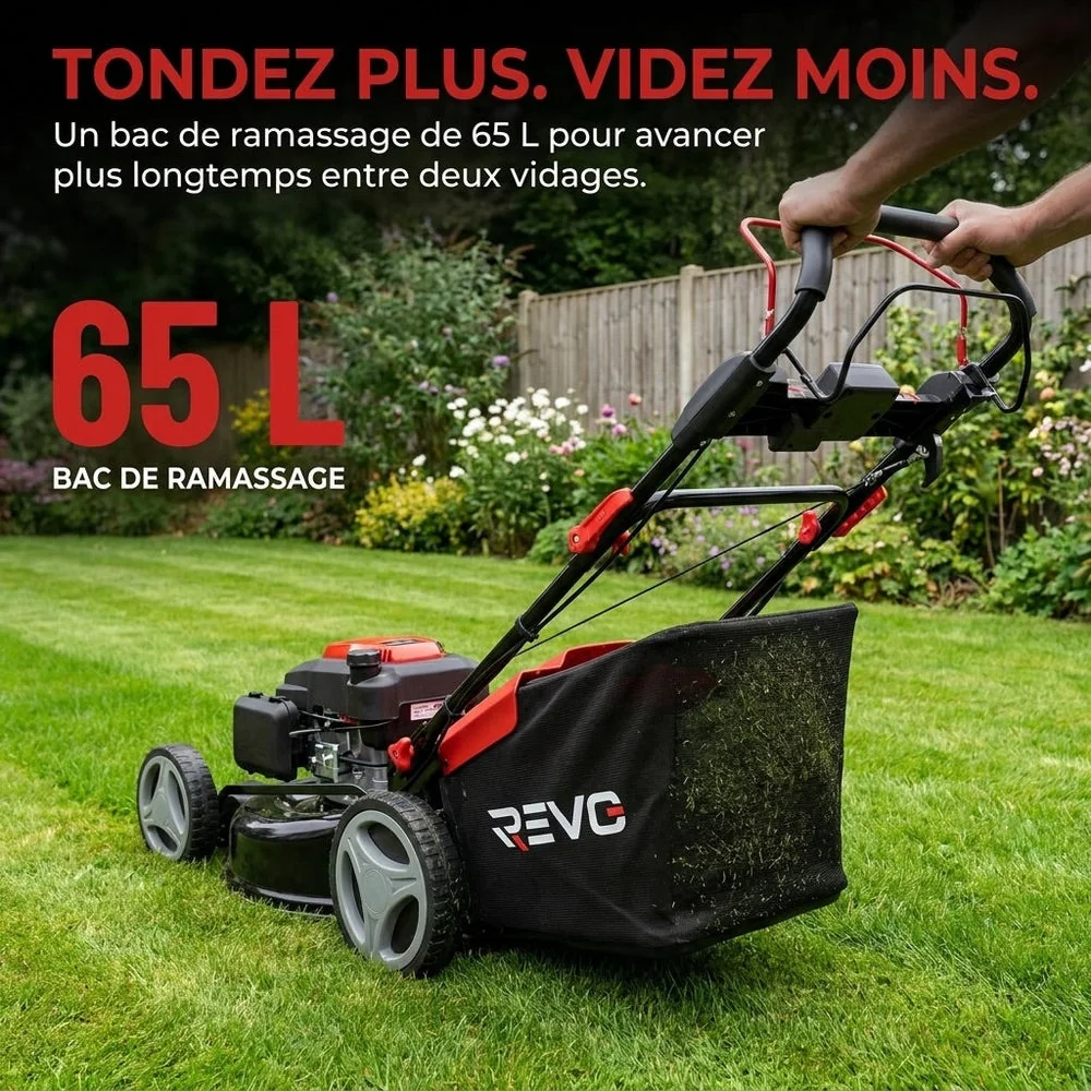 Tondeuse à Gazon Thermique Autotractée REVO Dominus 53 – 224 cm³ / 6 CV – Coupe 53 cm – Démarrage Électrique 20 V – Bac 65 L – Jusqu’à 1 800 m² - 3