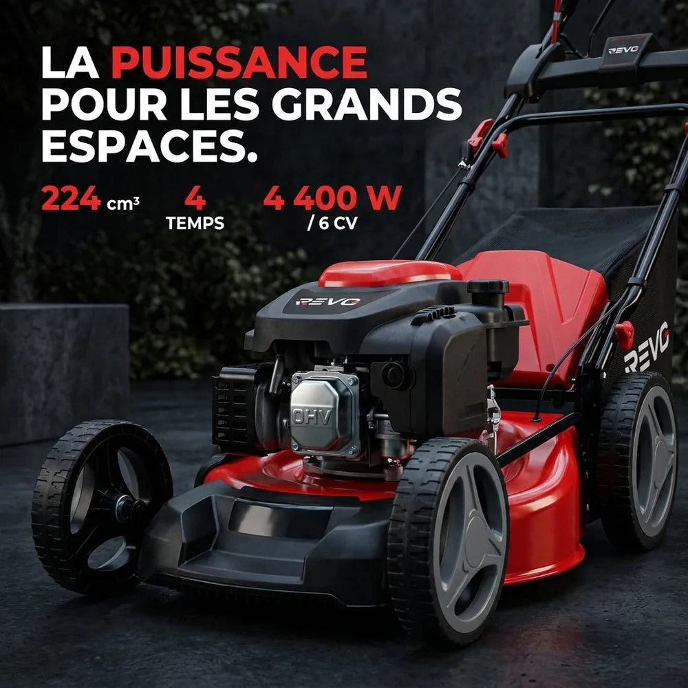 Tondeuse à Gazon Thermique Autotractée REVO Dominus 53 – 224 cm³ / 6 CV – Coupe 53 cm – Démarrage Électrique 20 V – Bac 65 L – Jusqu’à 1 800 m² - 5