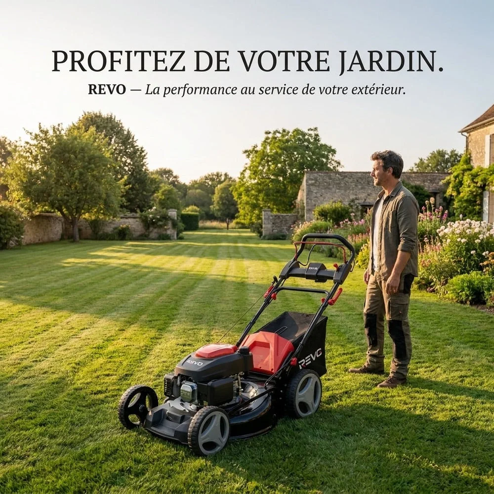 Tondeuse à Gazon Thermique Autotractée REVO Dominus 53 – 224 cm³ / 6 CV – Coupe 53 cm – Démarrage Électrique 20 V – Bac 65 L – Jusqu’à 1 800 m² - 6