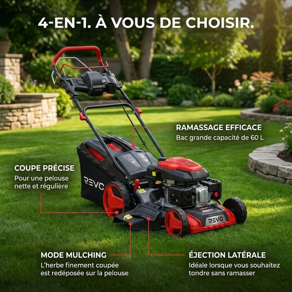 Tondeuse à Gazon Thermique Autotractée REVO Terrain 51 – 196 cm³, 51 cm, Démarrage Électrique, Hauteur de Coupe 25–75 mm, Bac 60 L, Jusqu’à 1 500 m² - 3