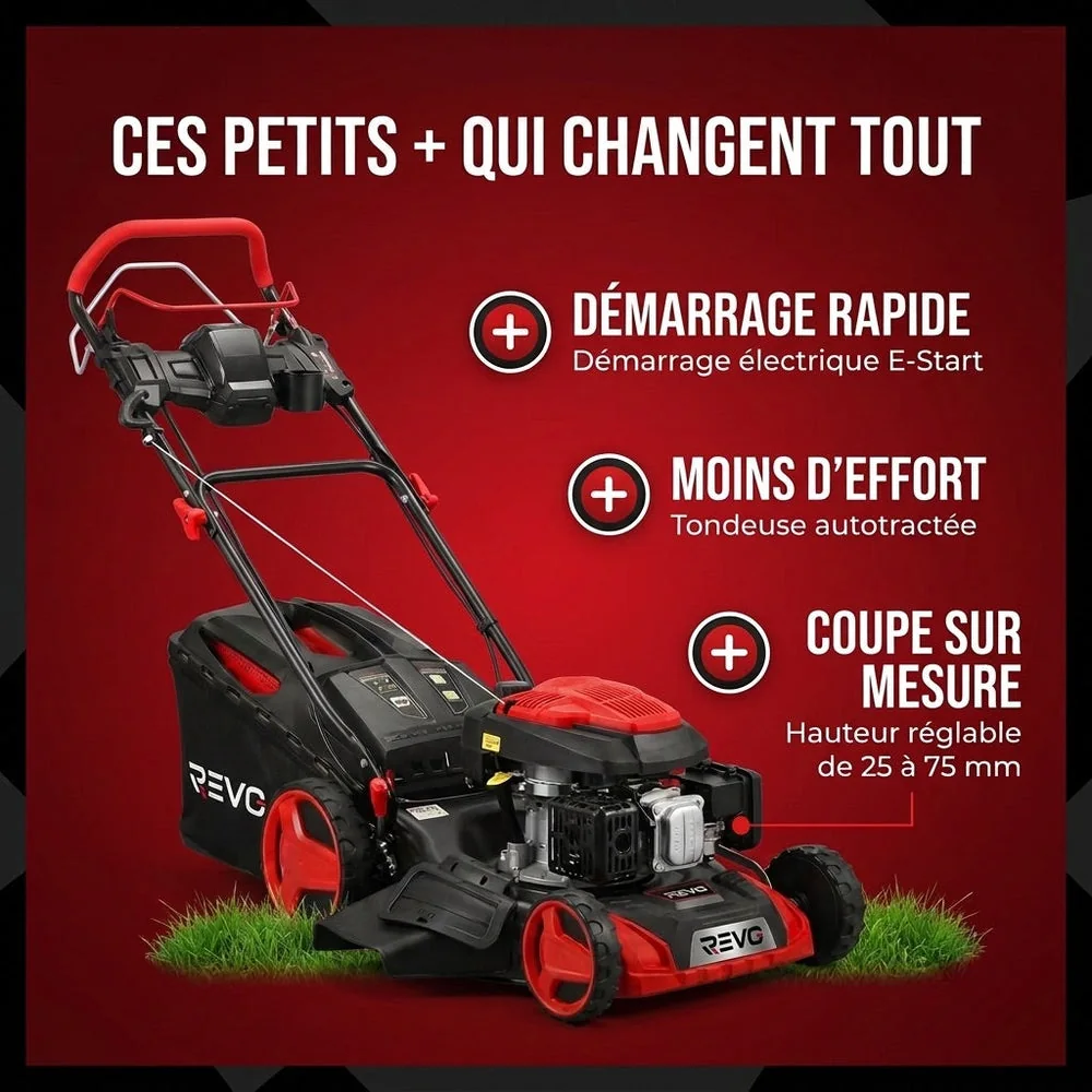 Tondeuse à Gazon Thermique Autotractée REVO Terrain 51 – 196 cm³, 51 cm, Démarrage Électrique, Hauteur de Coupe 25–75 mm, Bac 60 L, Jusqu’à 1 500 m² - 4