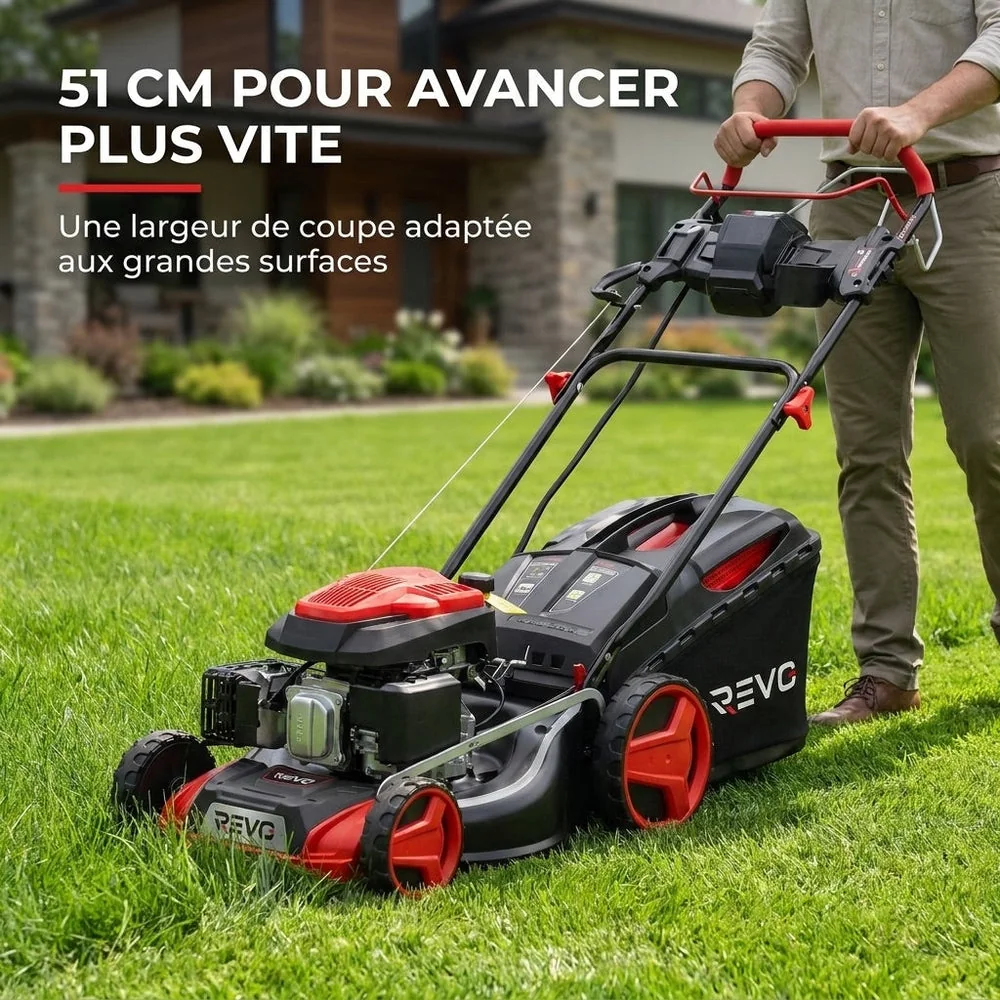 Tondeuse à Gazon Thermique Autotractée REVO Terrain 51 – 196 cm³, 51 cm, Démarrage Électrique, Hauteur de Coupe 25–75 mm, Bac 60 L, Jusqu’à 1 500 m² - 5