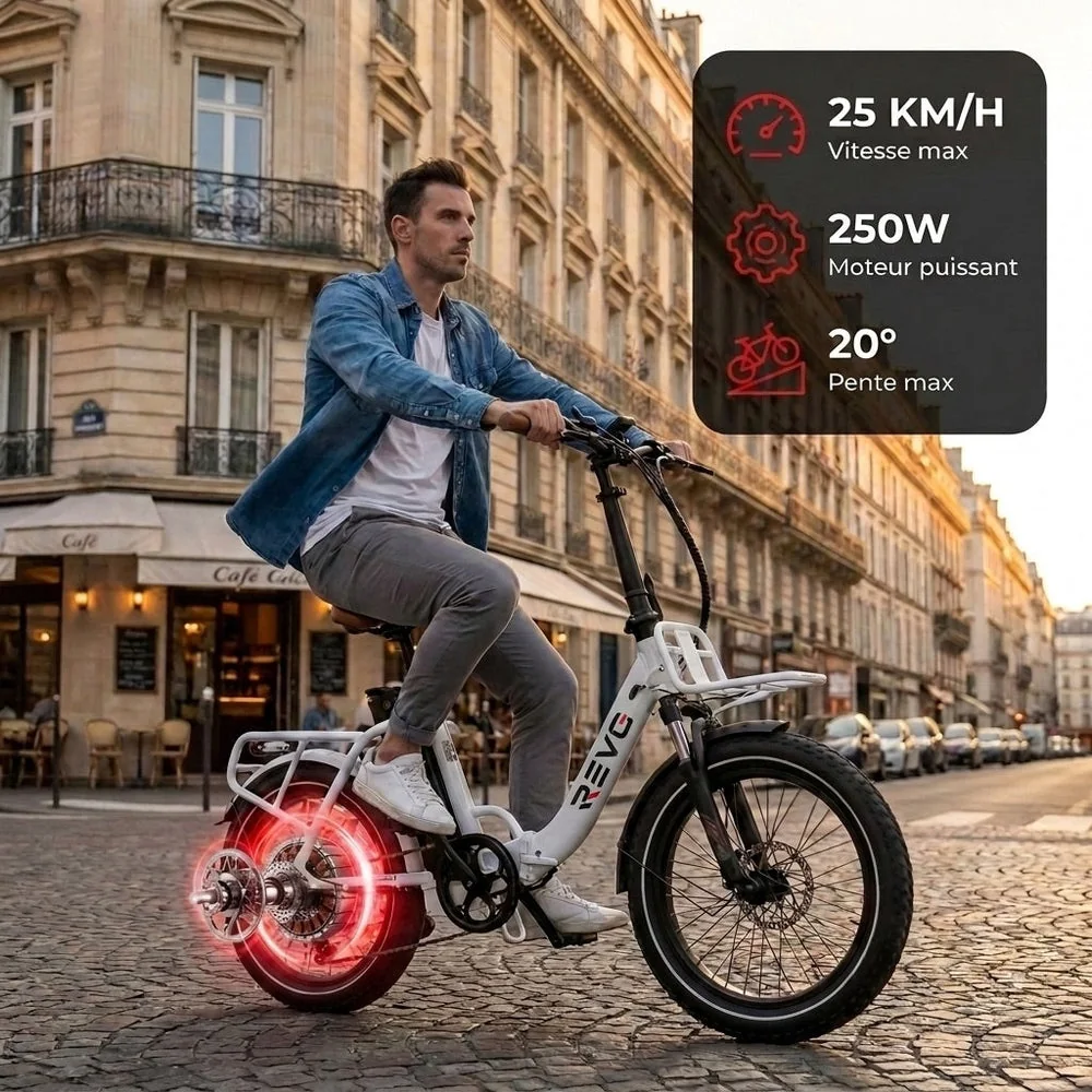 Vélo Électrique Pliable REVO Flex – 250W – Batterie 48V 17Ah – Autonomie jusqu’à 120 km – Pneus 20″ x 3.0″ - 3