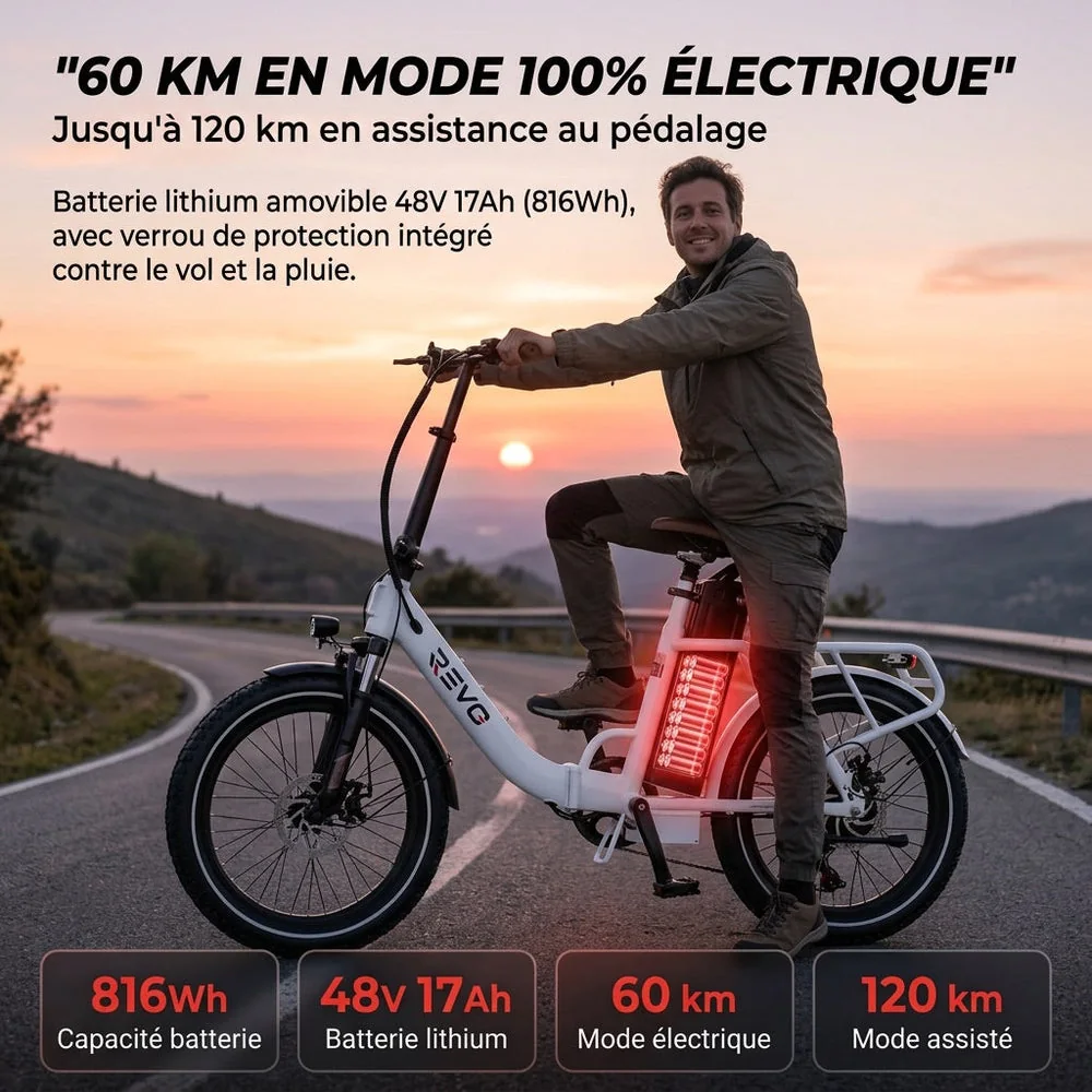 Vélo Électrique Pliable REVO Flex – 250W – Batterie 48V 17Ah – Autonomie jusqu’à 120 km – Pneus 20″ x 3.0″ - 5