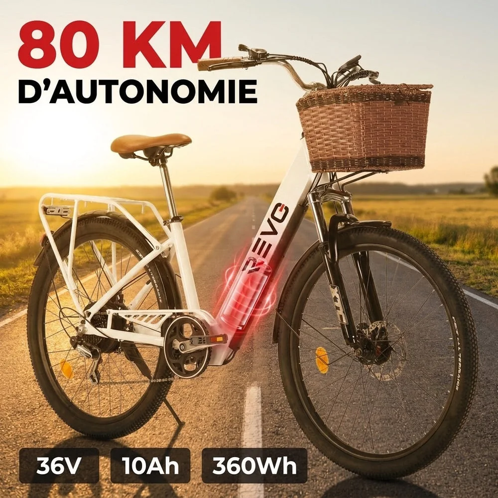 Vélo Électrique REVO Citya – 250 W – Autonomie 80 km – Batterie 36 V 10 Ah – 26" – Panier & Porte-Bagages - 6