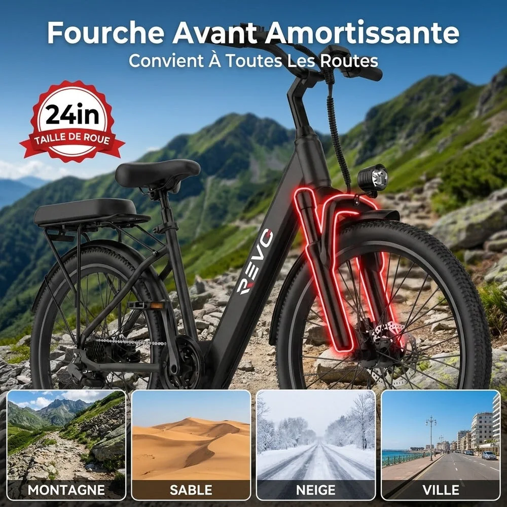 Vélo Électrique REVO Horizon 24 – 250 W – Autonomie jusqu’à 40 km – Batterie 36 V 10 Ah – 7 Vitesses - 3