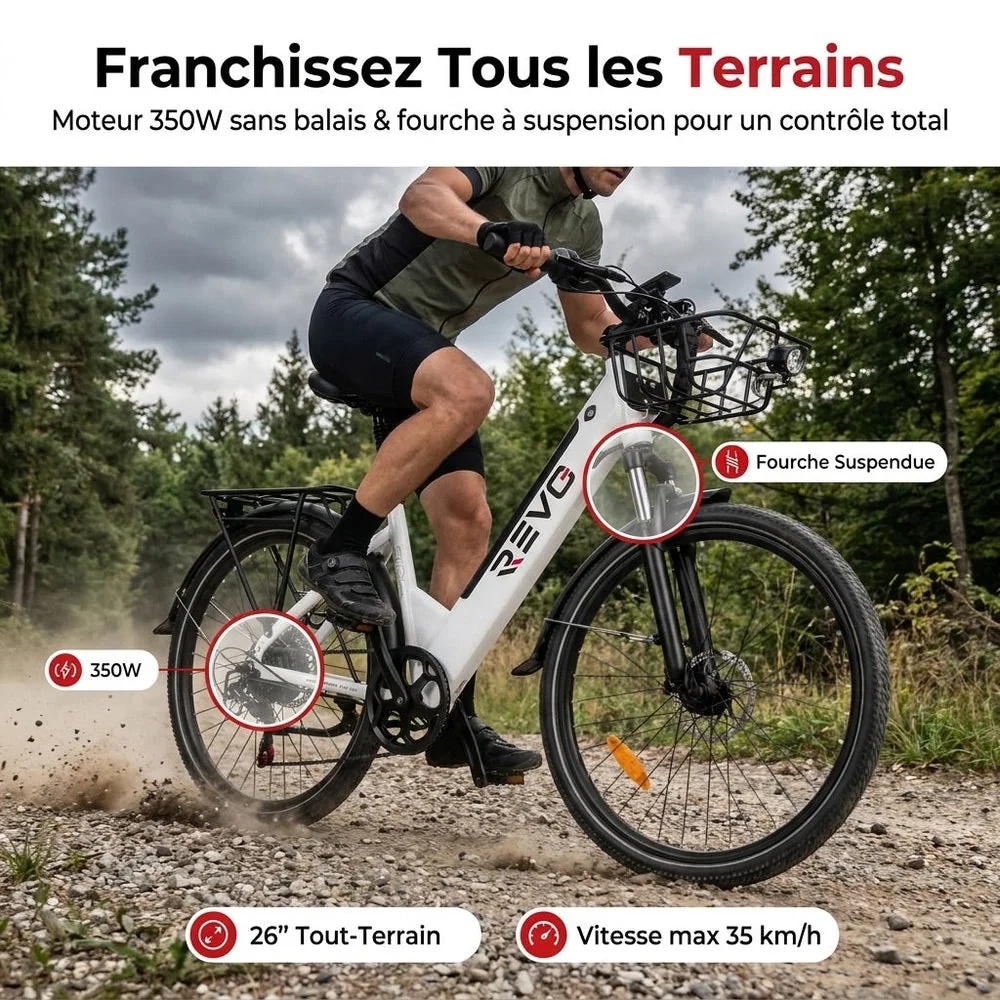 Vélo Électrique REVO Metro – 26″ – Moteur 500 W – Batterie 36 V 15 Ah – Shimano 7 Vitesses – Fourche Suspendue - 6