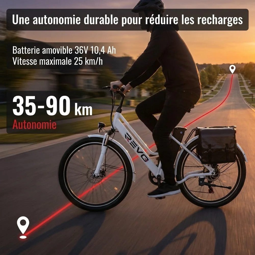 Vélo Électrique REVO Nomad 26″ – Moteur 250W – Autonomie 35–90 km – Batterie Amovible 36V 10,4Ah – 7 Vitesses – Freins à Disque - 3