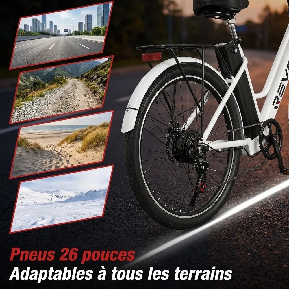 Vélo Électrique REVO Nomad 26″ – Moteur 250W – Autonomie 35–90 km – Batterie Amovible 36V 10,4Ah – 7 Vitesses – Freins à Disque - 4