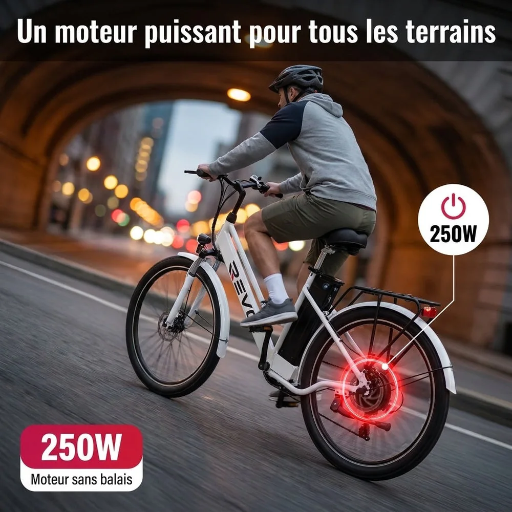 Vélo Électrique REVO Nomad 26″ – Moteur 250W – Autonomie 35–90 km – Batterie Amovible 36V 10,4Ah – 7 Vitesses – Freins à Disque - 5