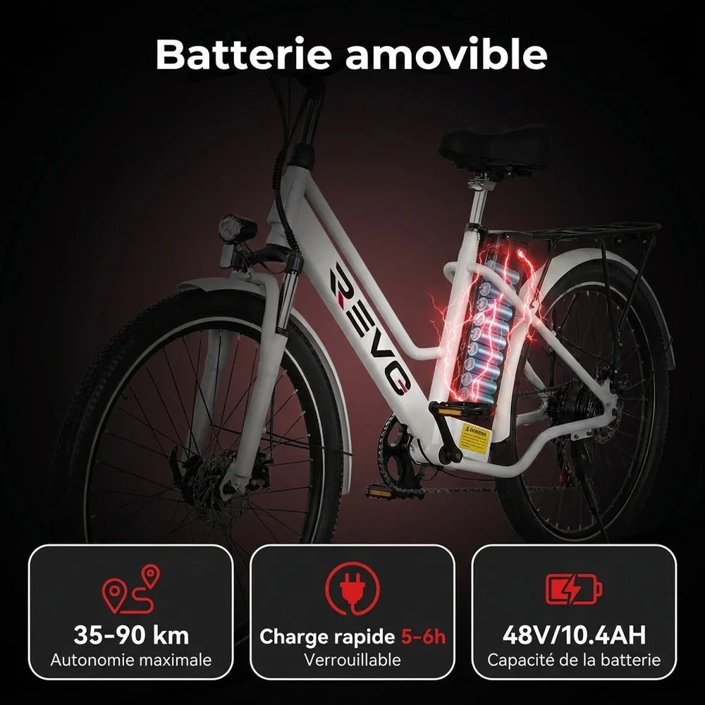 Vélo Électrique REVO Nomad 26″ – Moteur 250W – Autonomie 35–90 km – Batterie Amovible 36V 10,4Ah – 7 Vitesses – Freins à Disque - 6