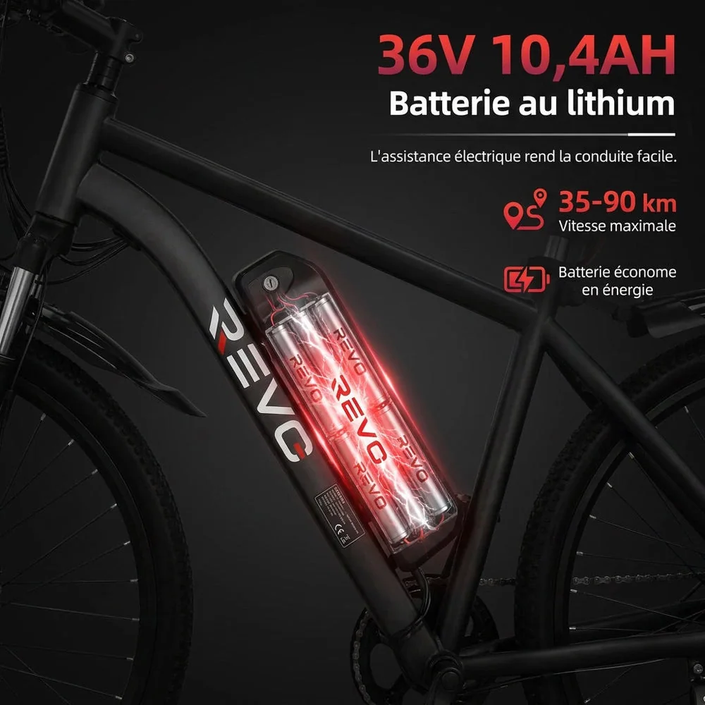 Vélo Électrique VTT REVO Trail – 250 W – Autonomie 35 à 90 km – Batterie 36 V 10,4 Ah – Pneus 26" – 7 Vitesses - 3