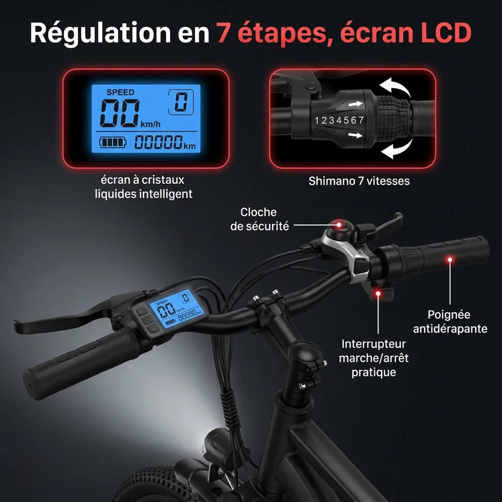 Vélo Électrique VTT REVO Trail – 250 W – Autonomie 35 à 90 km – Batterie 36 V 10,4 Ah – Pneus 26" – 7 Vitesses - 5