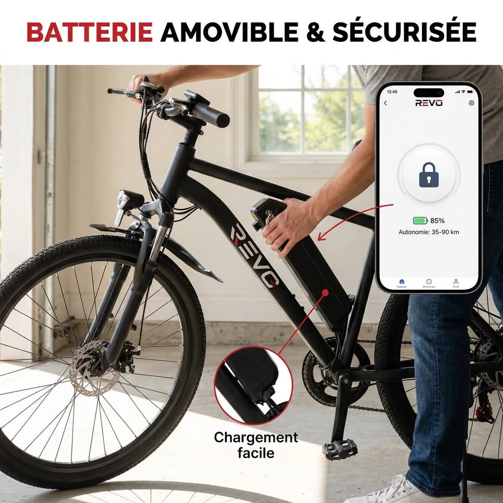 Vélo Électrique VTT REVO Trail – 250 W – Autonomie 35 à 90 km – Batterie 36 V 10,4 Ah – Pneus 26" – 7 Vitesses - 6
